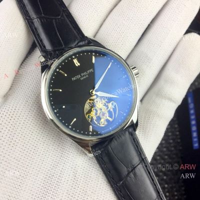 Fake Patek Philippe Calatrava Tourbillon Men Watches - SS Black Dial